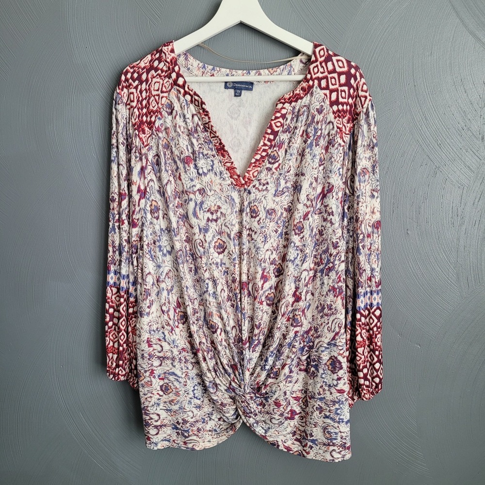 DEMOCRACY Top Size 2X Twist Front Long Sleeve V-Neck Paisley Print BOHO